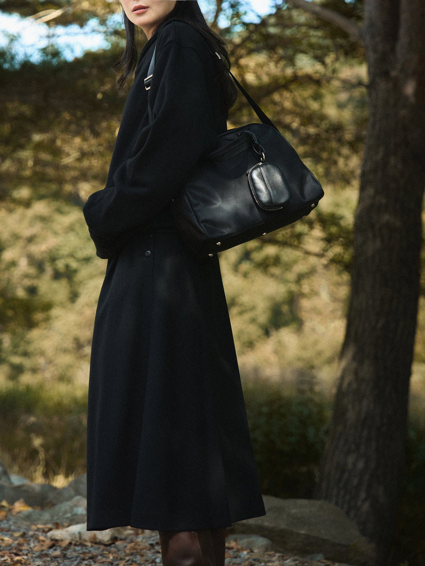 SIDE BUTTON WOOL CRAPE SKIRT [ Classic Black ]