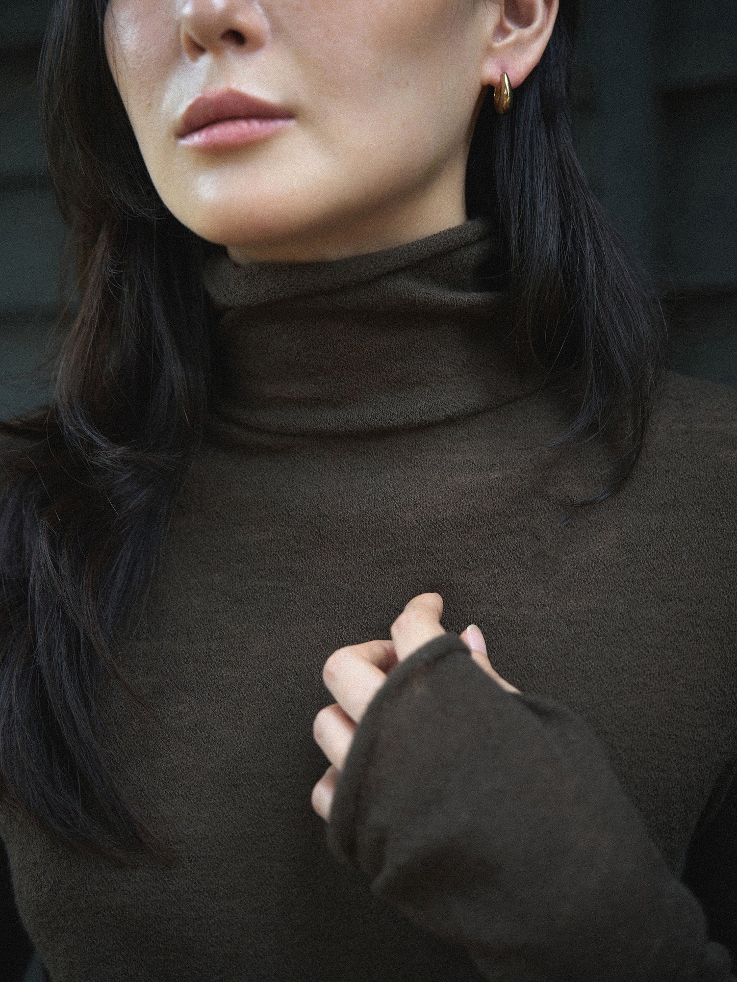 RUSTLE WOOL TURTLE TOP [ Taupe Brown ]